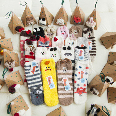 Japanese Coral Velvet Floor Socks Thickened Three-Dimensional Cartoon Embroidery Half Velvet Christmas Socks Box Christm