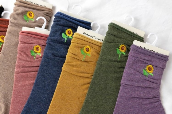 Wholesale Autumn And Winter New Solid Color Sunflower Embroidery Pile Socks In Tube Socks Casual All-Match