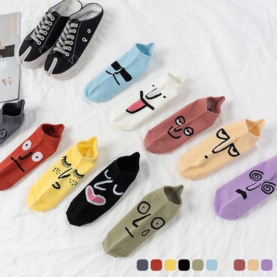 Spring And Summer New Products Pure Cotton Women'S Socks Personality Funny Cartoon Expression Embroidered Boat Socks