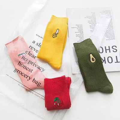 Wholesale New Fancy Embroidery Fruits Avocado Strawberry Women Socks Candy Color Cotton Socks