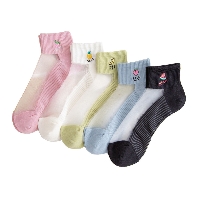 Hot Sale Summer New Style Fashion Embroider Fruits Lace Silk Socks Ankle Short Women Crystal Silk Socks