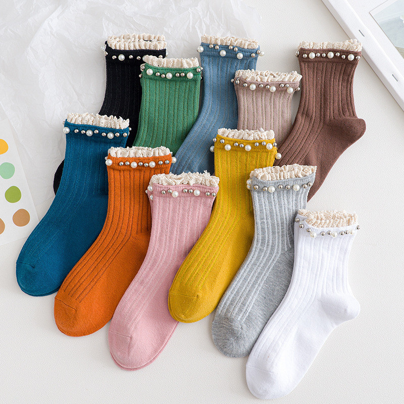 Hot Sale Japanese Style Hot Sale Fashion Solid Pearls Woman Socks Cotton Trendy Lace Ruffle Women Socks