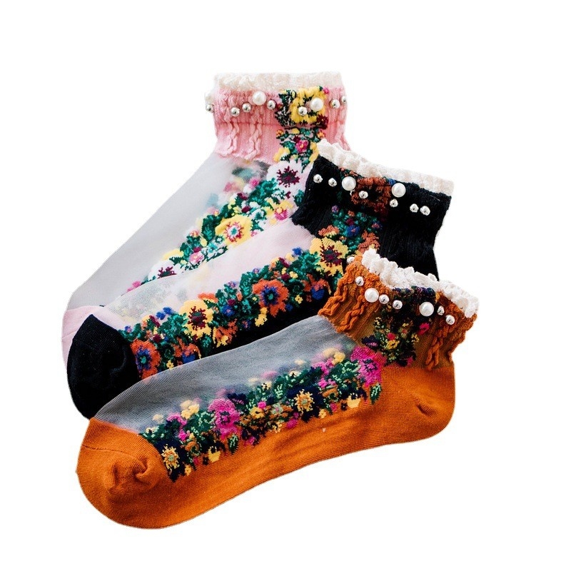 Hot Sale Summer Hot Sale Fashion Pearls Lace Silk Socks Beautiful Flowers Ankle Short Women Crystal Silk Socks