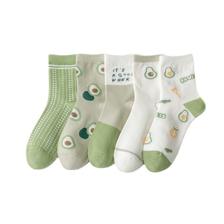 Japanese New Style Trendy Avocado Jacquard Girls Stockings Breathable Cotton Cute Green Avocado Women Long Socks