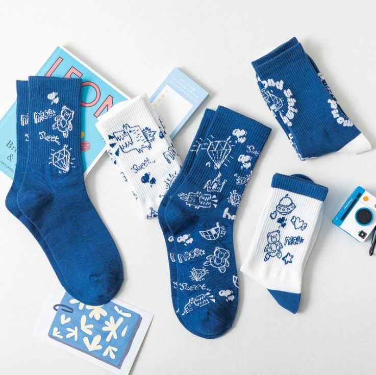 Wholesale Korean New Funny Cute Cartoon Jacquard Pattern Blue Color Socks Bulk Cotton Fancy Women Socks